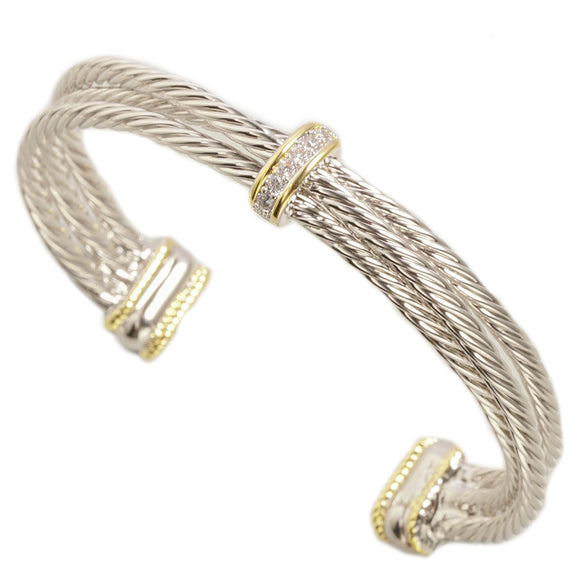 SILVER GOLD CUFF BANGLE CLEAR CZ STONES ( 3043 BXK )