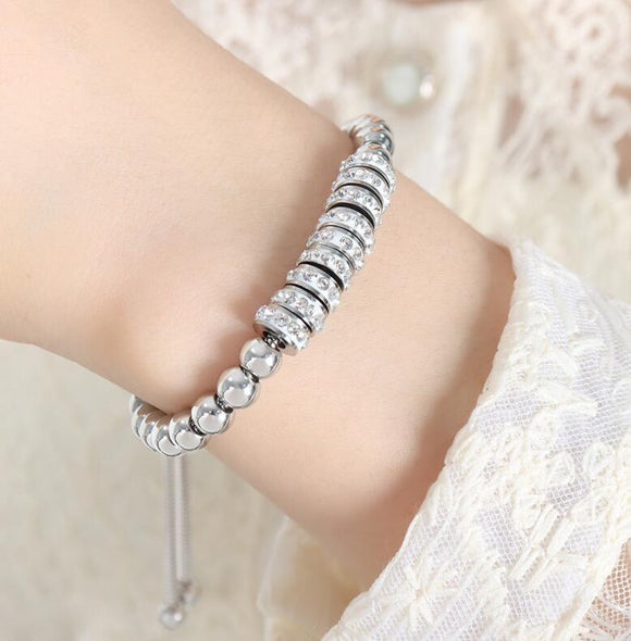 SILVER STAINLESS STEEL ADJUSTABLE BRACELET CLEAR STONES ( 4185 X )
