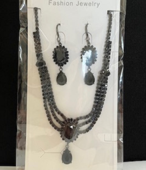 BLACK RHINESTONE NECKLACE SET ( 089 4BK )