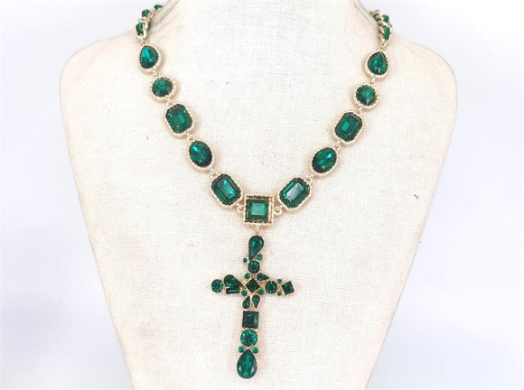 GREEN GOLD CROSS NECKLACE CLEAR STONES ( 1656 GDGR )