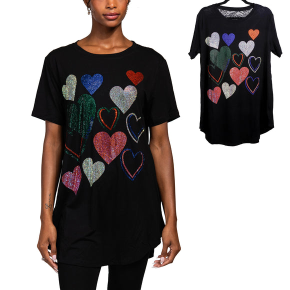 BLACK T SHIRT HEART RHINESTONES ( 1418 BK )