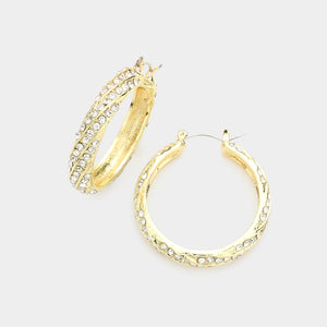 GOLD TWIST HOOP EARRINGS CLEAR CZ CUBIC ZIRCONIA STONES ( 9 G )