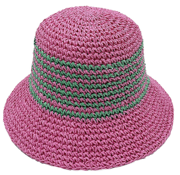 TWO TONE STRIPE STRAW PINK GREEN HAT ( 410114 PNK )