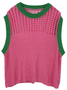 PINK GREEN CHEST BLOCKED CORCHET PONCHO ( 410134 PNK )