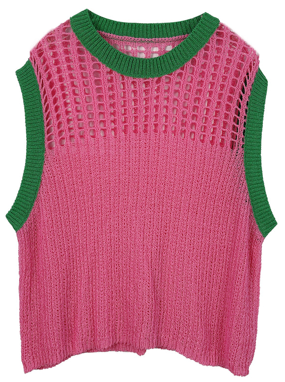 PINK GREEN CHEST BLOCKED CORCHET PONCHO ( 410134 PNK )