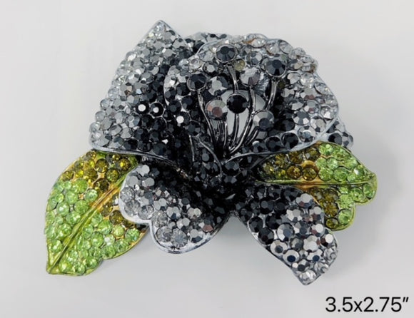 SILVER FLOWER BROOCH BLACK GREEN STONES ( 2640 BK )
