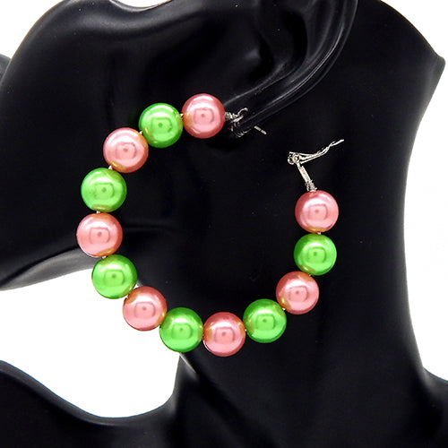 SILVER PINK GREEN Pearl Hoop Earrings ( 2977 RDGRPNK )