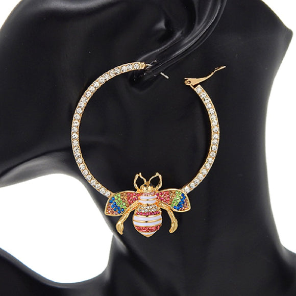 GOLD HOOP EARRINGS BEE LIGHT MULTICOLOR STONES ( 3196 GDLMT )