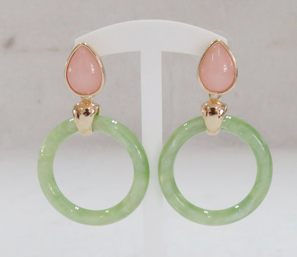 GOLD PINK GREEN CIRCLE DANGLING EARRINGS ( 3404 PG )