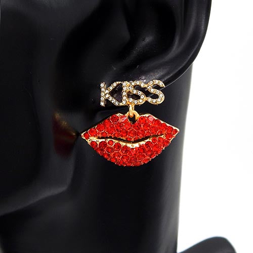 GOLD LIP KISS EARRINGS CLEAR RED STONES ( 3465 GDRED )