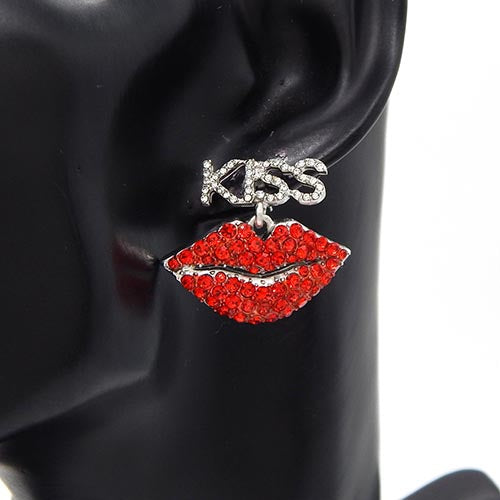 SILVER LIP KISS EARRINGS CLEAR RED STONES ( 3465 RDRED )
