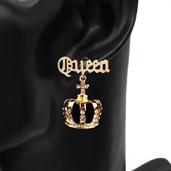 GOLD QUEEN CROWN EARRINGS CLEAR STONES ( 3466 GDCLR )