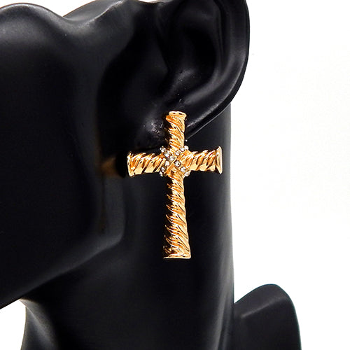 CABLE TEXTURE CROSS EARRINGS ( 3528 GDCLR )