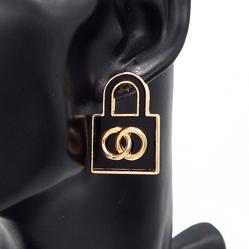 GOLD BLACK LOCK STUD EARRINGS ( 3584 GDBLK )