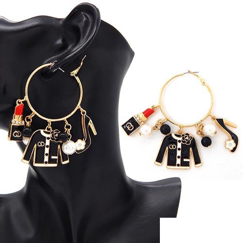 CHARM HOOP EARRINGS GOLD BLACK ( 3587 GDBLK )