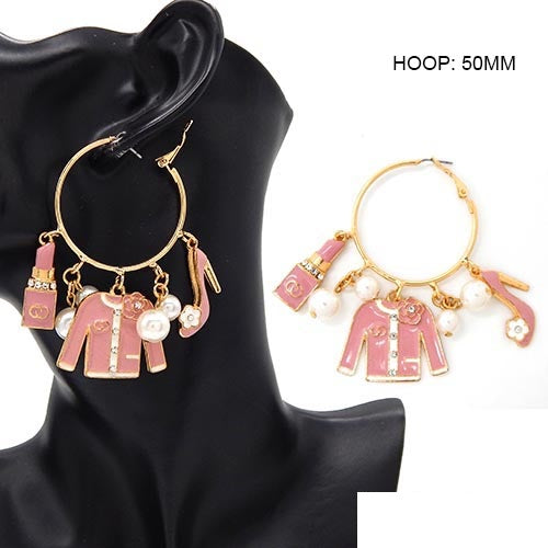CHARM HOOP EARRINGS GOLD PINK ( 3587 GDPNK )