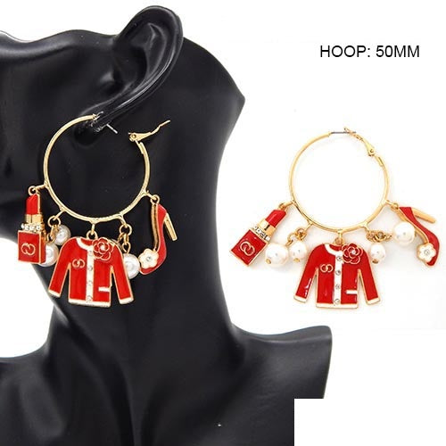 CHARM HOOP EARRINGS GOLD PINK ( 3587 GDRED )