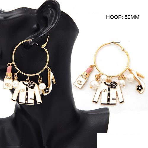 CHARM HOOP EARRINGS GOLD WHITE ( 3587 GDWHT )