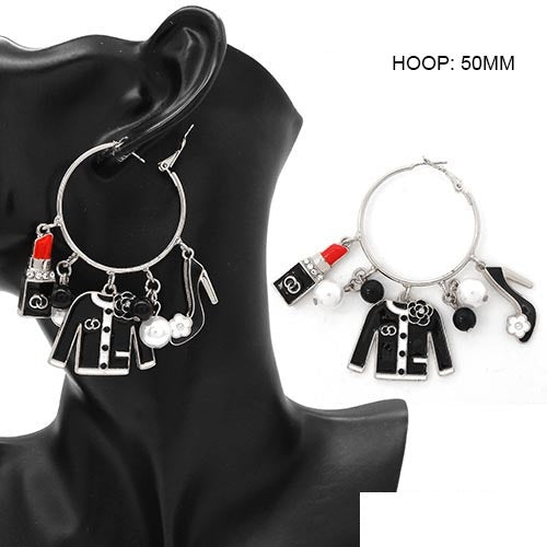 CHARM HOOP EARRINGS SILVER BLACK ( 3587 RDBLK )