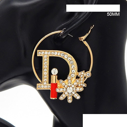 CHARM HOOP EARRINGS GOLD CLEAR ( 3590 GDCLR )