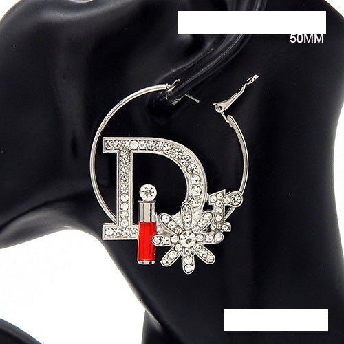 CHARM HOOP EARRINGS SILVER CLEAR ( 3590 RDCLR )