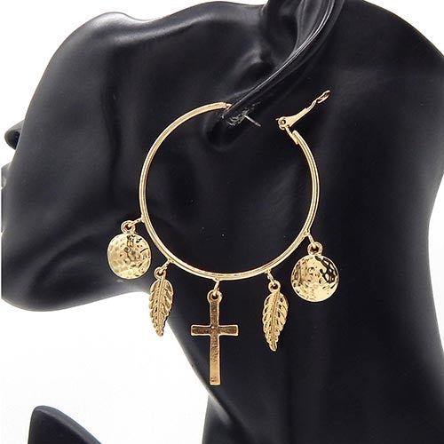 CROSS HOOP CHARM EARRINGS GOLD ( 8152 GD )