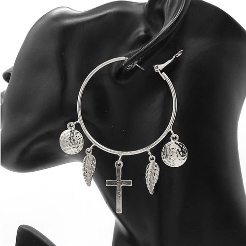 CROSS HOOP CHARM EARRINGS SILVER ( 8152 RD )