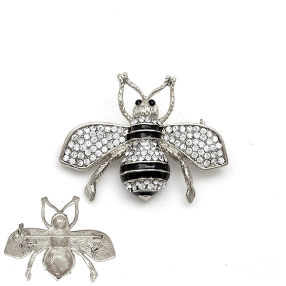 SILVER BLACK BEE BROOCH CLEAR RHINESTONES ( 2002 RDCLR )