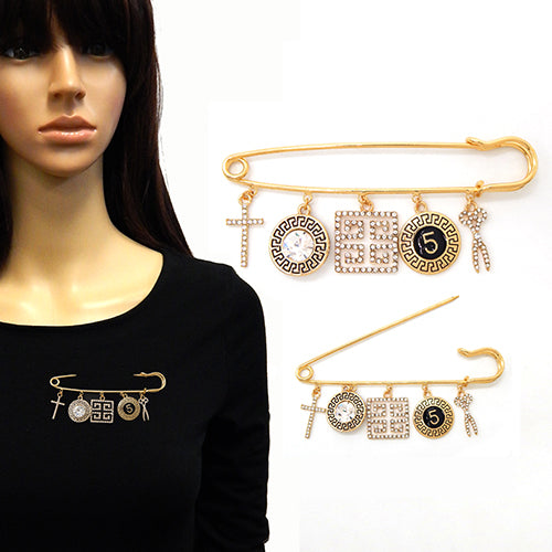GOLD SAFETY PIN BROOCH 5 CROSS CLEAR STONES ( 2073 GDCLR )