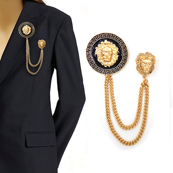 GOLD LION FACE DANGLING CHAIN BROOCH ( 2116 GDLION )