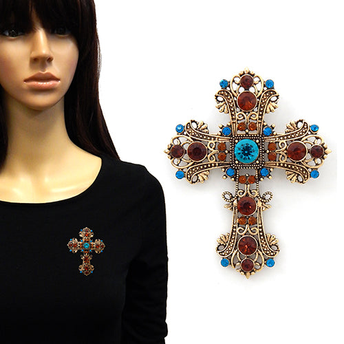 GOLD CROSS BROOCH BROWN TURQUOISE STONES ( 2148 AGTOP )