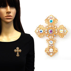 GOLD CROSS BROOCH AB STONES ( 2148 GDAB )