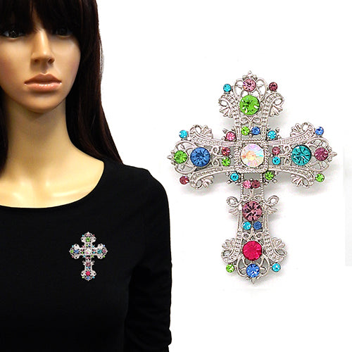 SILVER CROSS BROOCH MULTICOLOR STONES ( 2148 RDMLT )