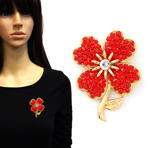 GOLD RED RHINESTONE FLOWER BROOCH ( 2150 GDRED )