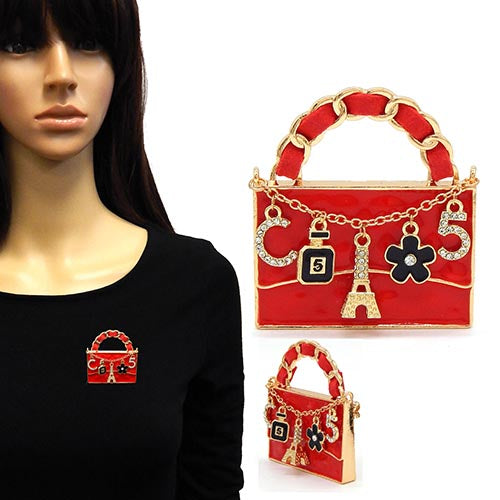 GOLD RED HANDBAG EIFFEL TOWER BROOCH ( 2171 GDREDBK )