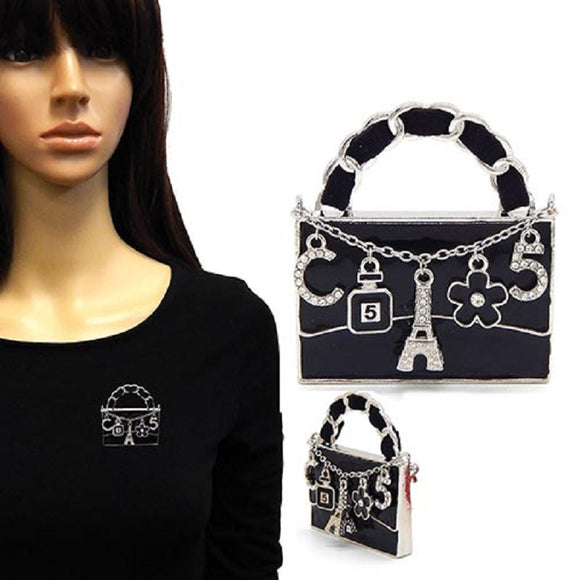 SILVER BLACK HANDBAG EIFFEL TOWER BROOCH ( 2171 RDBKWHT )
