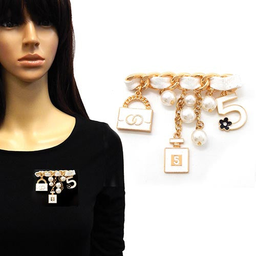 GOLD WHITE CHARM BROOCH ( 2174 GDWHT )