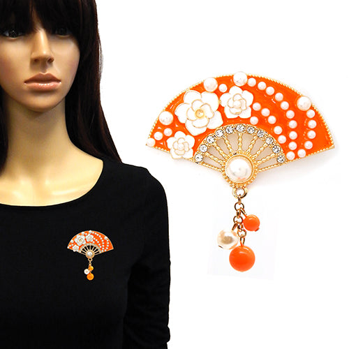 FAN SHAPE BROOCH GOLD ORANGE ( 2209 GDORG )