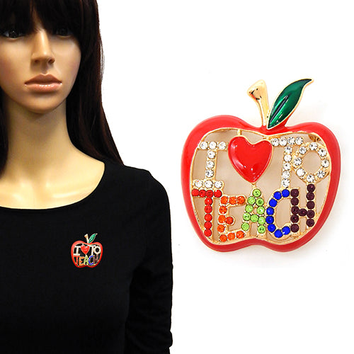 GOLD APPLE BROOCH I HEART TO TEACH ( 2212 GDMLT )