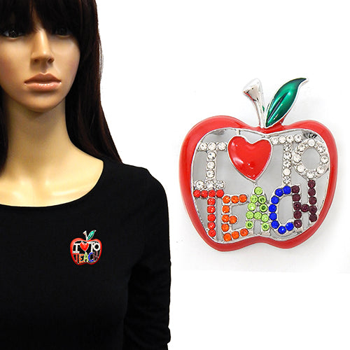 SILVER APPLE BROOCH I HEART TO TEACH ( 2212 RDMLT )
