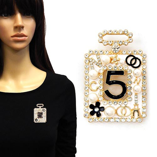 PERFUME BOTTLE BROOCH GOLD WHITE ( 2214 GDWHT )