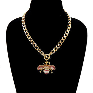 GOLD PINK RHINESTONE BEE TOGGLE NECKLACE ( 3437 GDPNK )