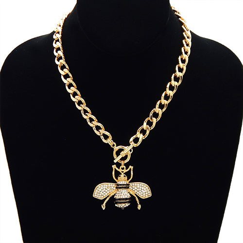 GOLD BLACK ENAMEL CLEAR RHINESTONE BEE TOGGLE NECKLACE ( 3437 GDCLR )