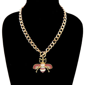 GOLD PINK RHINESTONE BEE TOGGLE NECKLACE ( 3438 GDPNK )