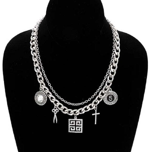 Silver Necklace 5 Cross Greek Scissor Clear Stones ( 3660 RDCLR )