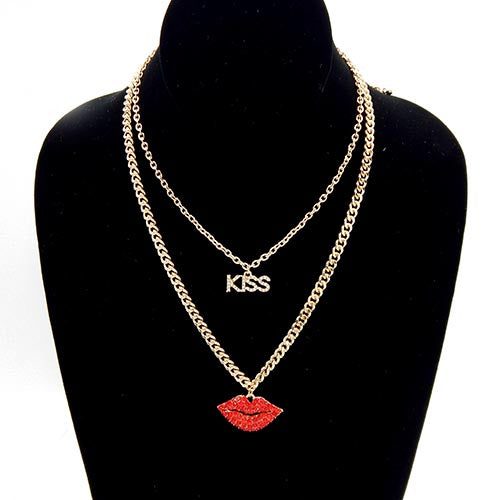 GOLD NECKLACE LIPS KISS PENDANTS CLEAR RED STONES ( 3687 GDRED )