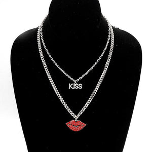 SILVER NECKLACE LIPS KISS PENDANTS CLEAR RED STONES ( 3687 RDRED )