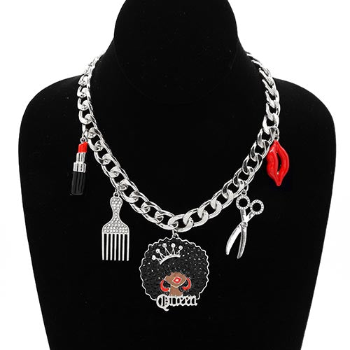 SILVER NECKLACE QUEEN AFRO CHARMS ( 3695 RDAFRO )