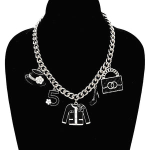 SILVER CHARM NECKLACE 5 HAT PURSE ( 3703 RDBLK )