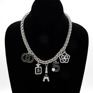 SILVER CHAIN NECKLACE 5 EIFFEL TOWER 5 CHARMS ( 8078 RDCLR )